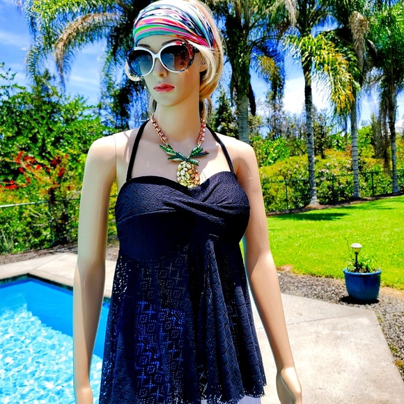 Kona Sol Other - Kona Sol Black Crochet Flyaway Tankini Top. Optional strap to attach, sz Lg